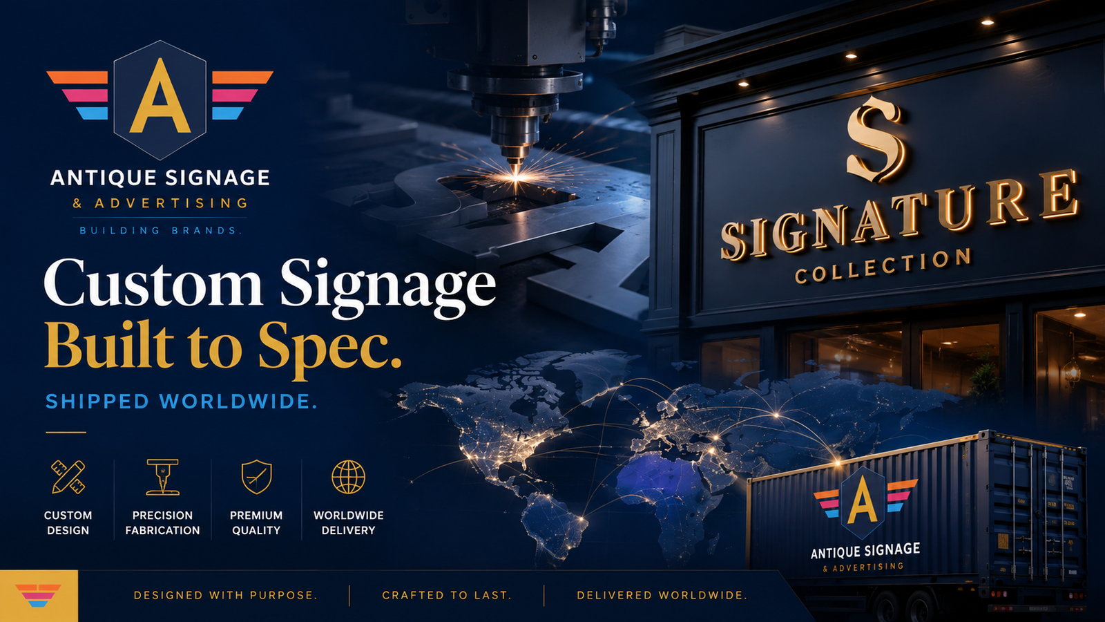 Antique Signage branded hero image showing fabrication, signage and worldwide delivery
